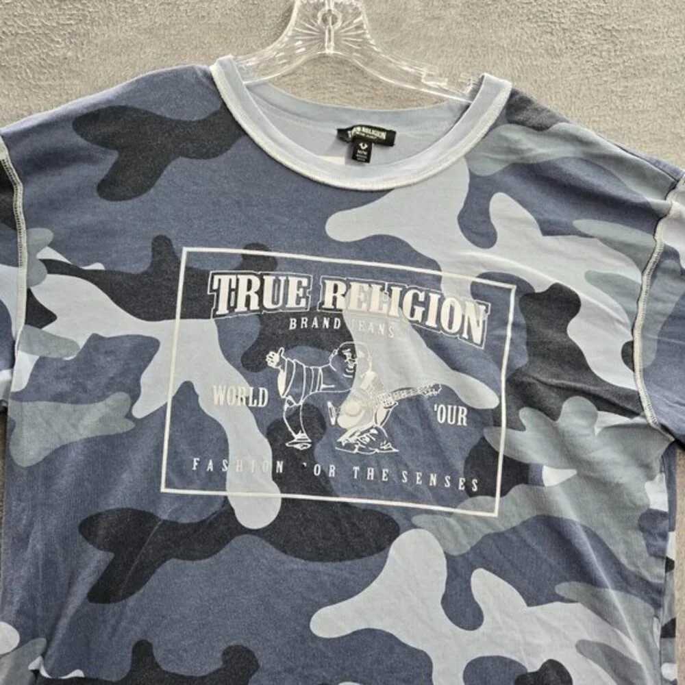 True Religion Men Shirt M Blue Drop Shoulder Camouflage Buddha Guitar Tee READ‎